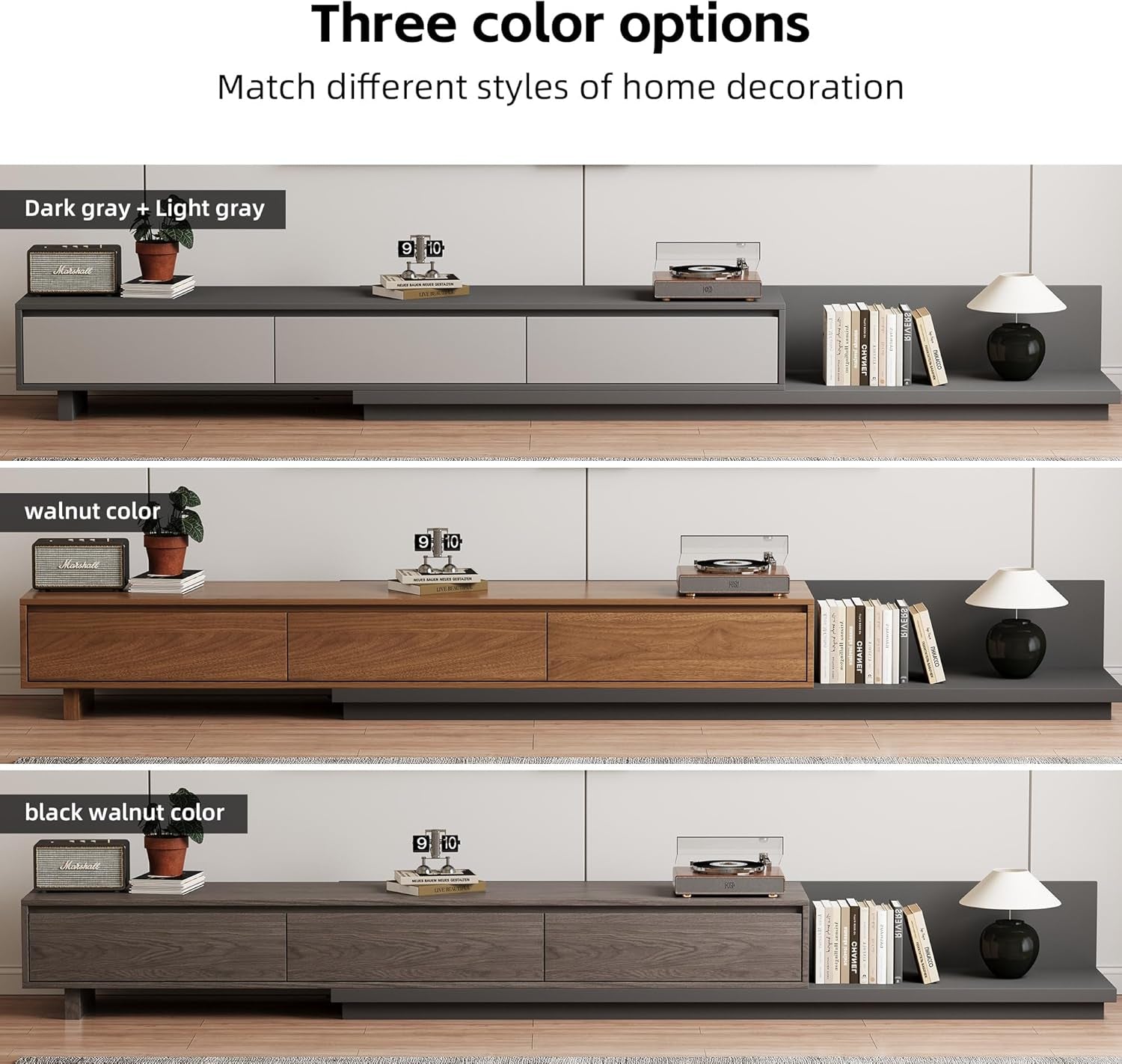 Adjustable TV Stand with 3 Drawers - Mid-Century Modern Extendable Entertainment Center for Living Room or Bedroom(78.7–130"), Stylish Walnut Media Console