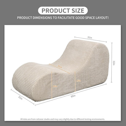 Corduroy Chaise Lounge Chair Couch Indoor Boneless Oversized High-Density Sponge Soft Sofa for Yoga, Khaki