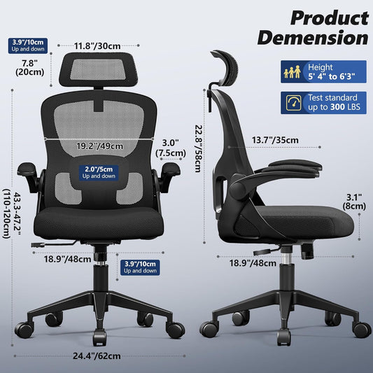 Ergonomic Office Chair, High Back Desk Chair with Flip-Up Arms, 300 LBS Mesh Computer Chair with Adjustable Headrest & Lumbar Support, Comfy Gaming Chair for Adults, Home Office Desk Chairs (Black)