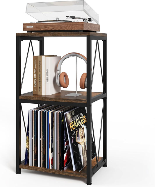 3-Tier Vinyl Record Stand with Storage, Album Display Table for Bedroom, Living Room, Rustic Brown