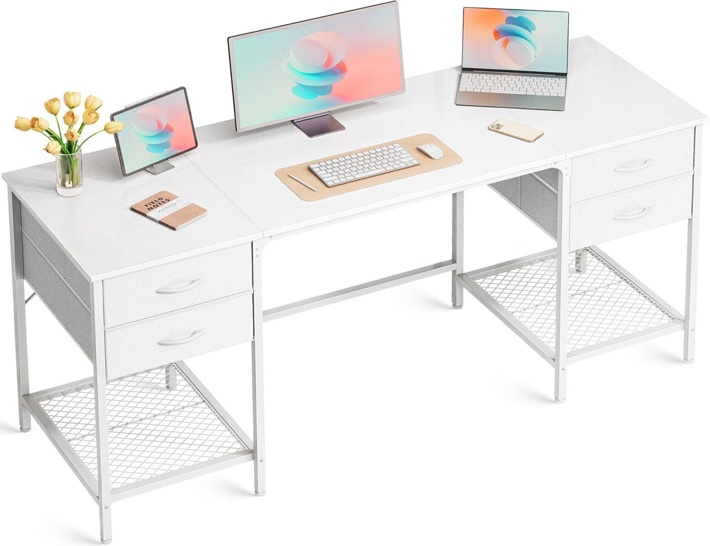 63 Inch White Desk with 4 Drawers, Vanity Desk with Mesh Shelf, Large Storage, Computer Desk Office Desk for Home Office, Bedroom, Work from Home