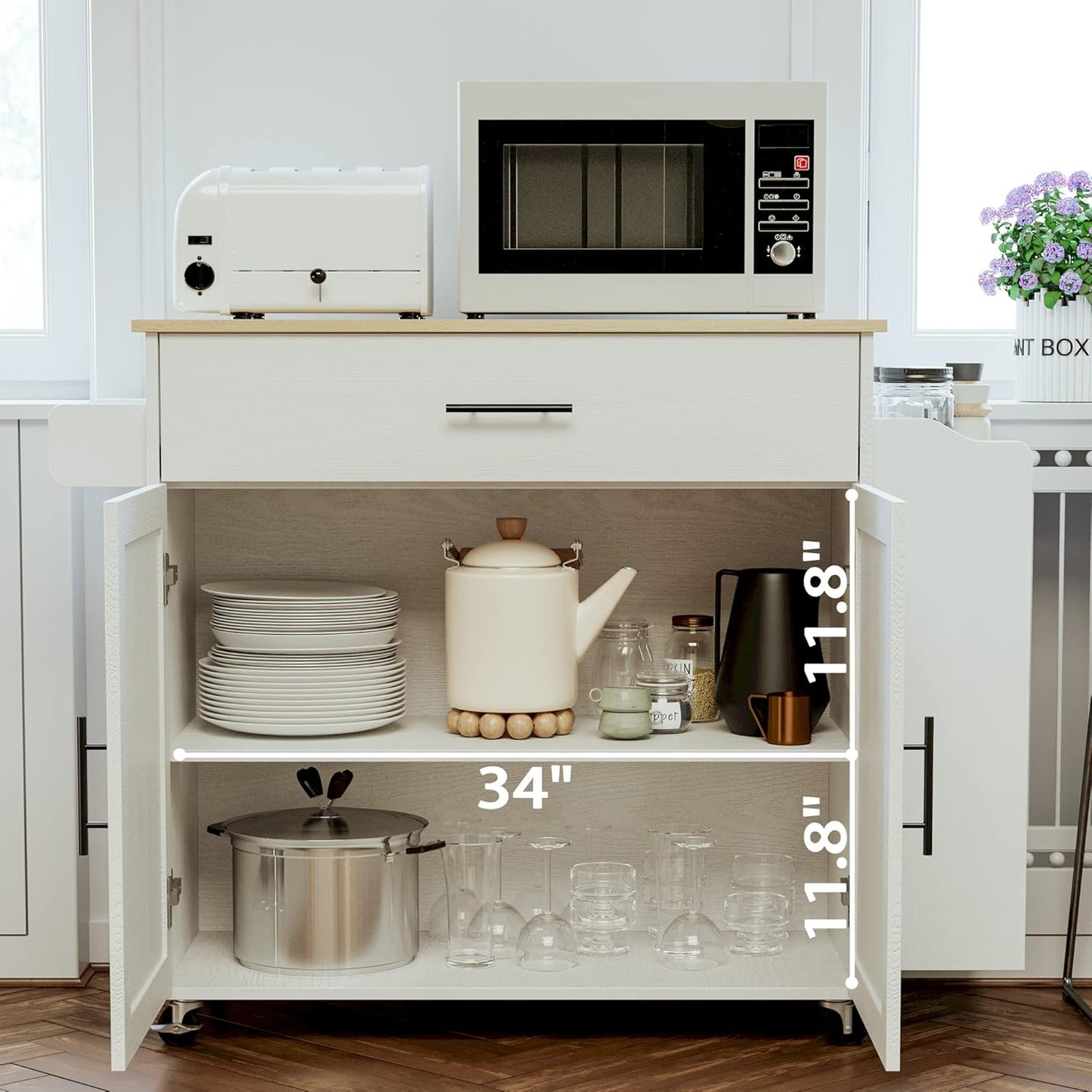 Kitchen Island with Storage, Rolling Kitchen Island on Wheels with Drop Leaf, 3 Open Spice Rack Shelf, Door Cabinet, Drawer, Kitchen Cart Island Table for Kitchen, White
