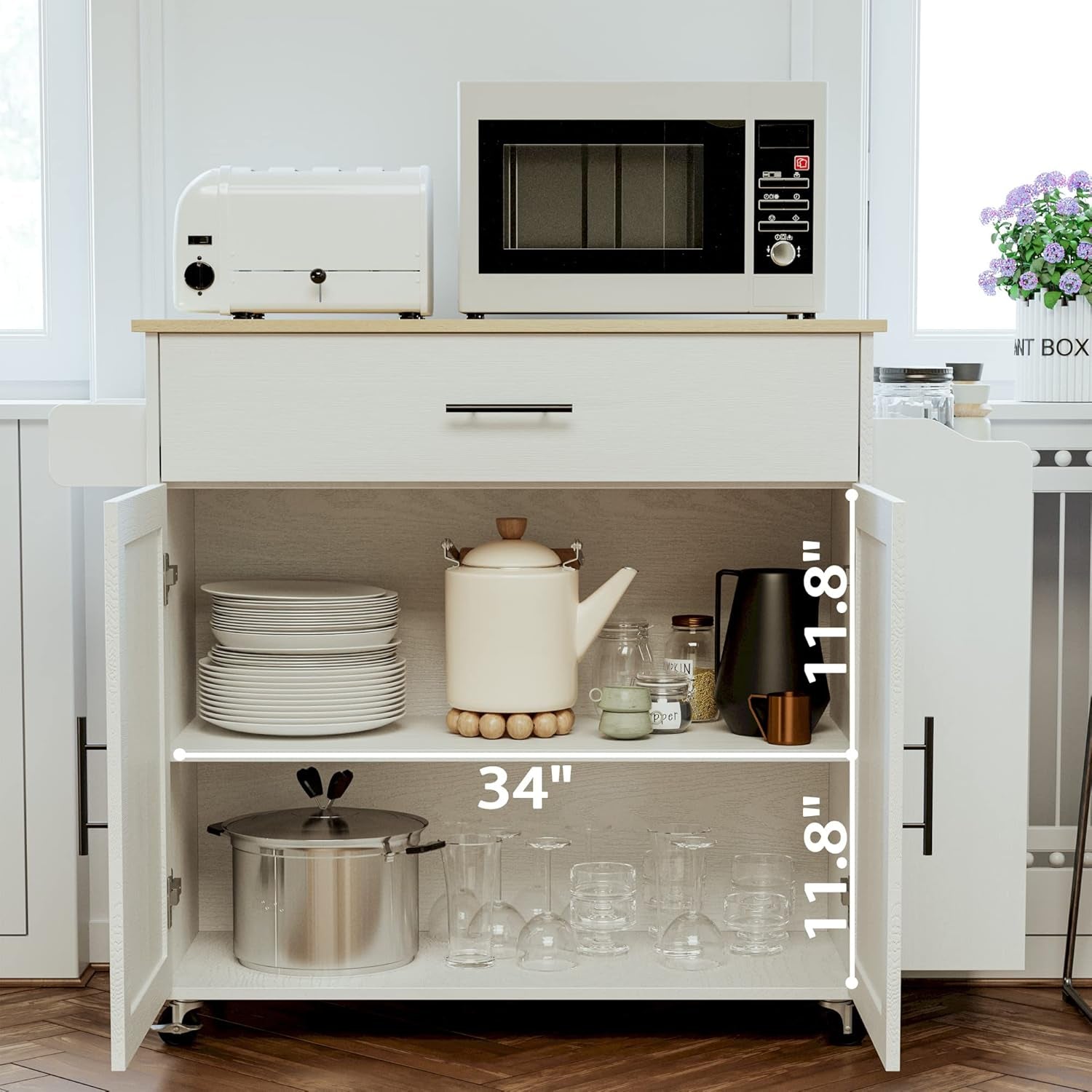 Kitchen Island with Storage, Rolling Kitchen Island on Wheels with Drop Leaf, 3 Open Spice Rack Shelf, Door Cabinet, Drawer, Kitchen Cart Island Table for Kitchen, White