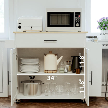 Kitchen Island with Storage, Rolling Kitchen Island on Wheels with Drop Leaf, 3 Open Spice Rack Shelf, Door Cabinet, Drawer, Kitchen Cart Island Table for Kitchen, White