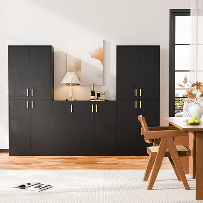Kitchen Pantry Cabinet, 71" Tall Wood Storage Cabinet with Doors and Shelves 4 Doors Freestanding Cupboard for Dining Room Living Room Bathroom Furniture, Black | Wood Storage Cabinet, 4 Doors, Utility Hutch, for Dining Room