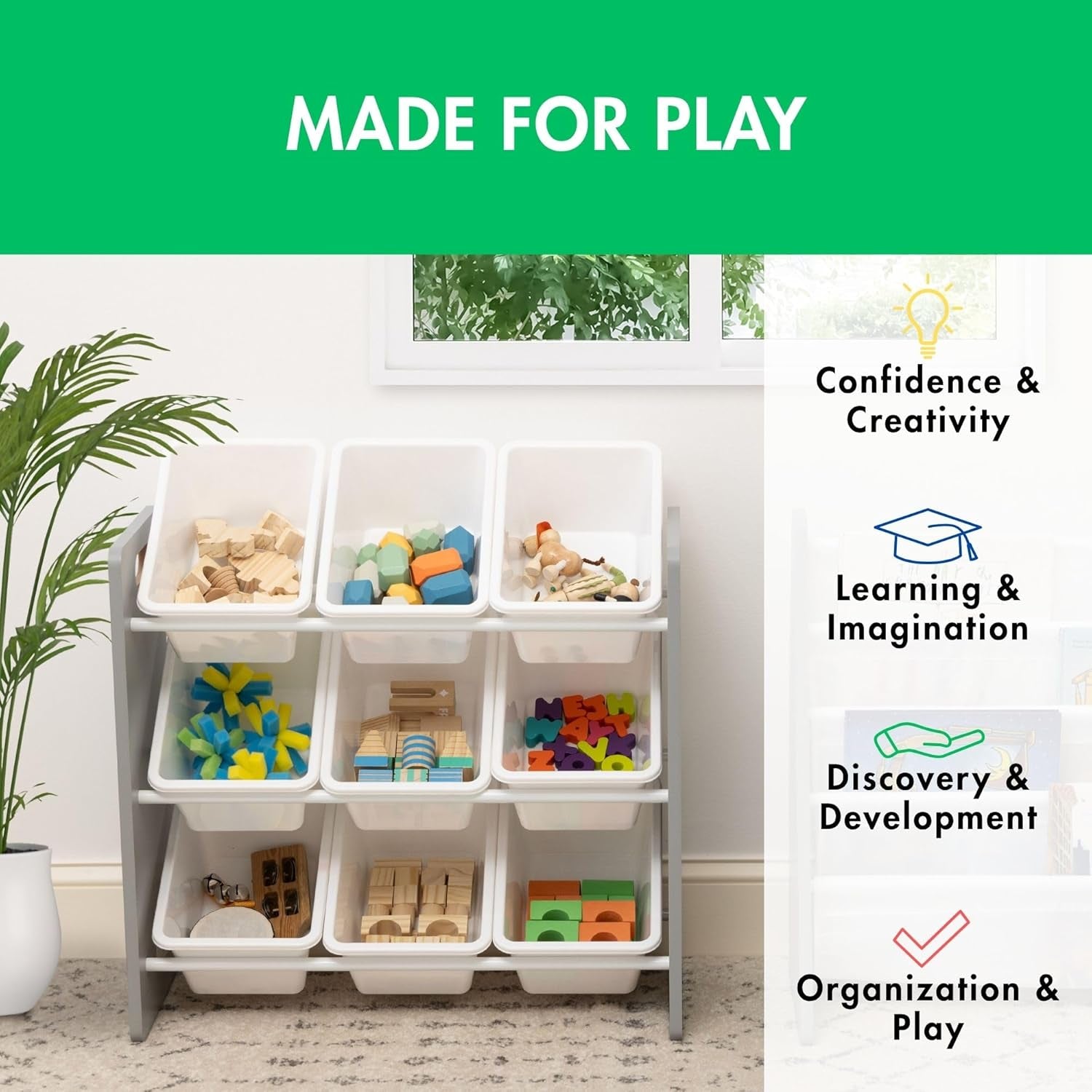 9-Bin Toy Organizer – Inspire Grey with White Plastic Bins, 3-Tier Storage Solution for Kids' Playrooms and Nurseries