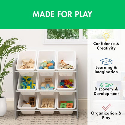 9-Bin Toy Organizer – Inspire Grey with White Plastic Bins, 3-Tier Storage Solution for Kids' Playrooms and Nurseries