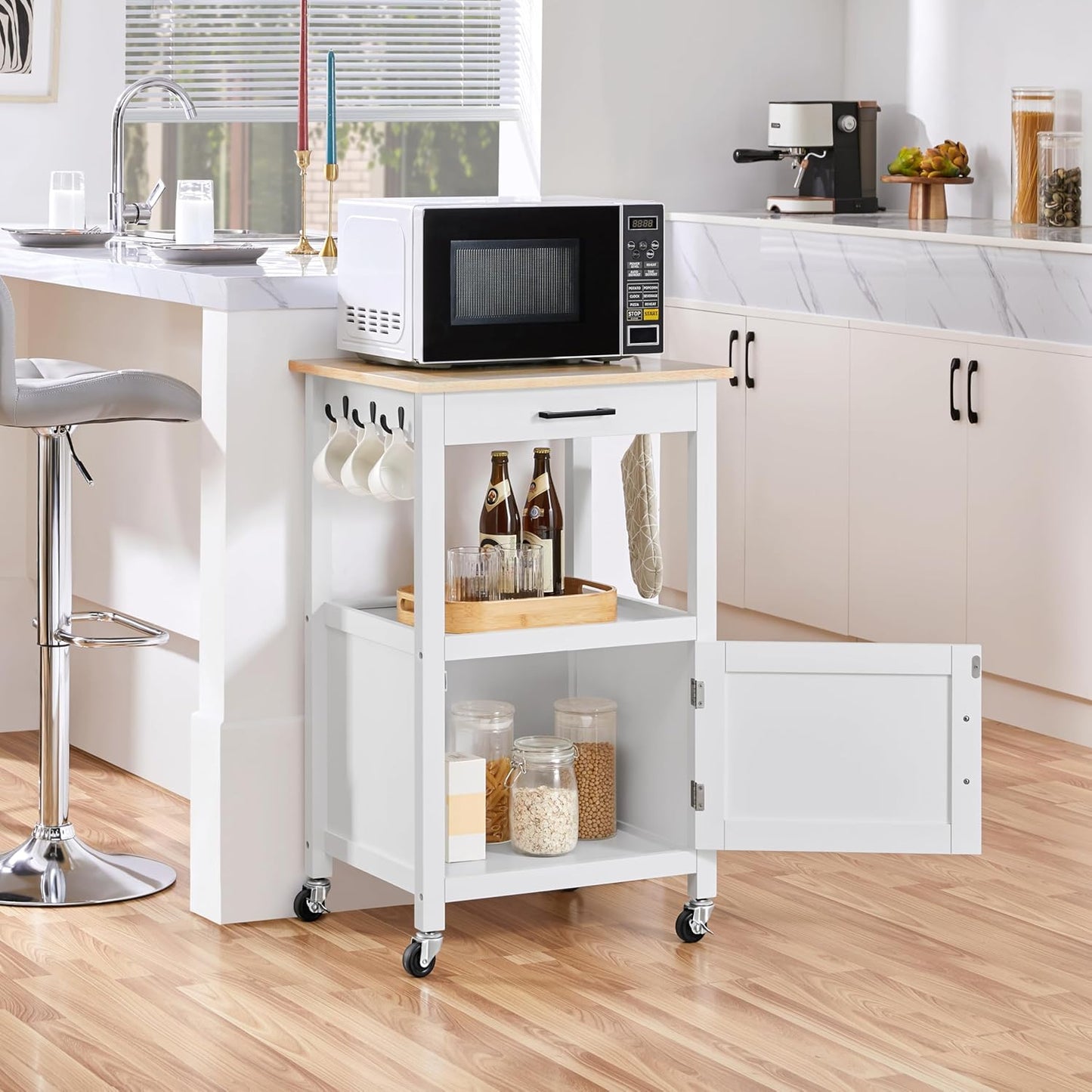 Kitchen Island Cart with Storage, Rolling Kitchen Island on Wheels with 6 Side Hooks, Wood Top Microwave Cart with Drawer for Dining Room, White