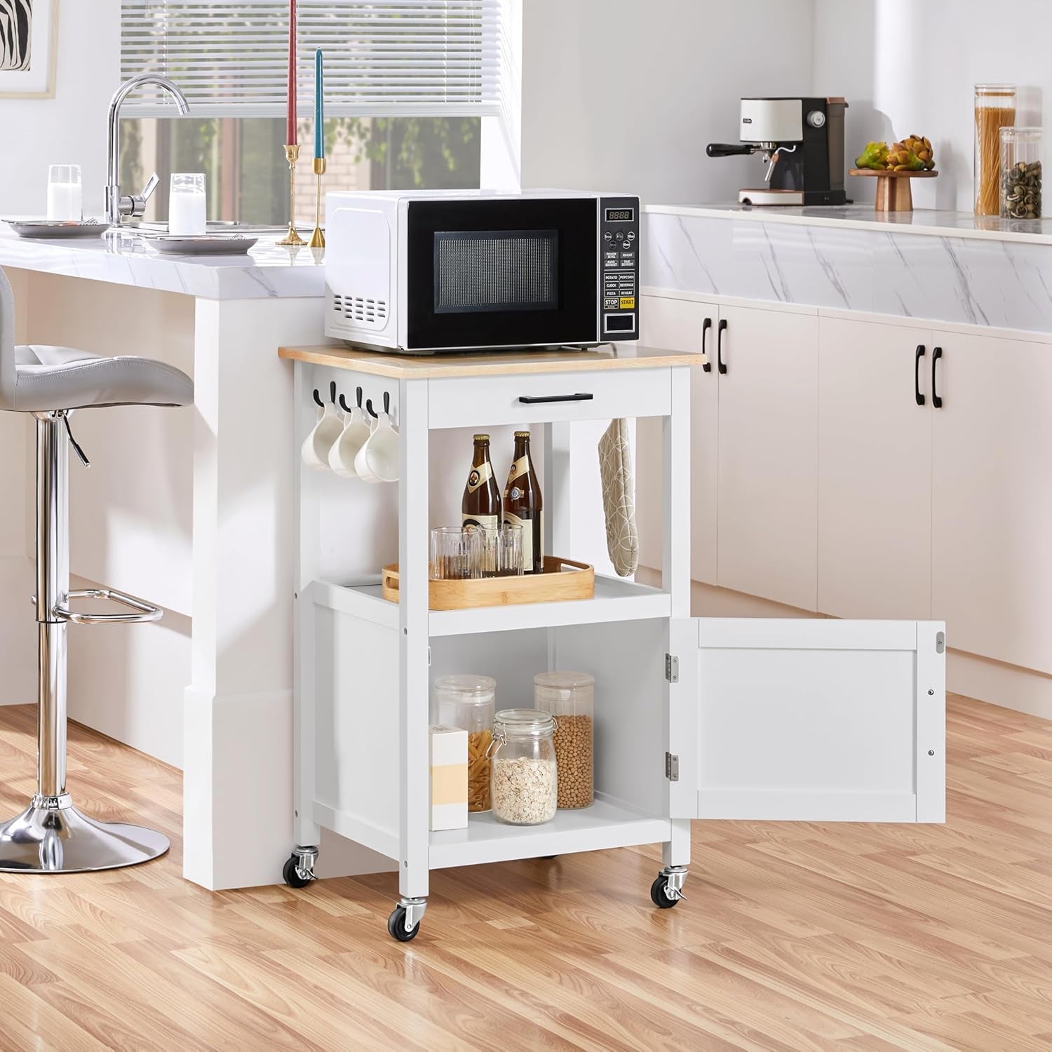Kitchen Island Cart with Storage, Rolling Kitchen Island on Wheels with 6 Side Hooks, Wood Top Microwave Cart with Drawer for Dining Room, White