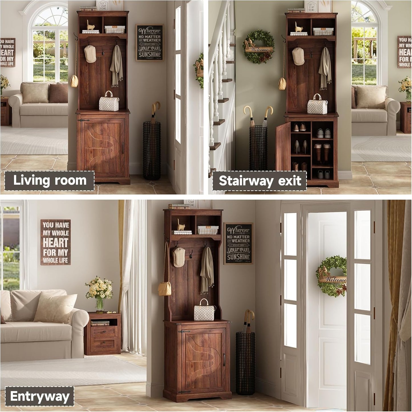 Farmhouse Narrow Coat Rack with Shoe Storage, 6 Shoe Cubbies & 4 Coat Hooks, Hall Tree with Shoe Storage, Entryway Bench with Adjustable Shelves for Hallway, Living Room, Mudroom, Brown