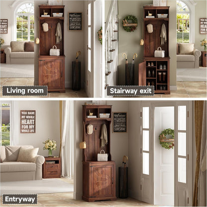 Farmhouse Narrow Coat Rack with Shoe Storage, 6 Shoe Cubbies & 4 Coat Hooks, Hall Tree with Shoe Storage, Entryway Bench with Adjustable Shelves for Hallway, Living Room, Mudroom, Brown
