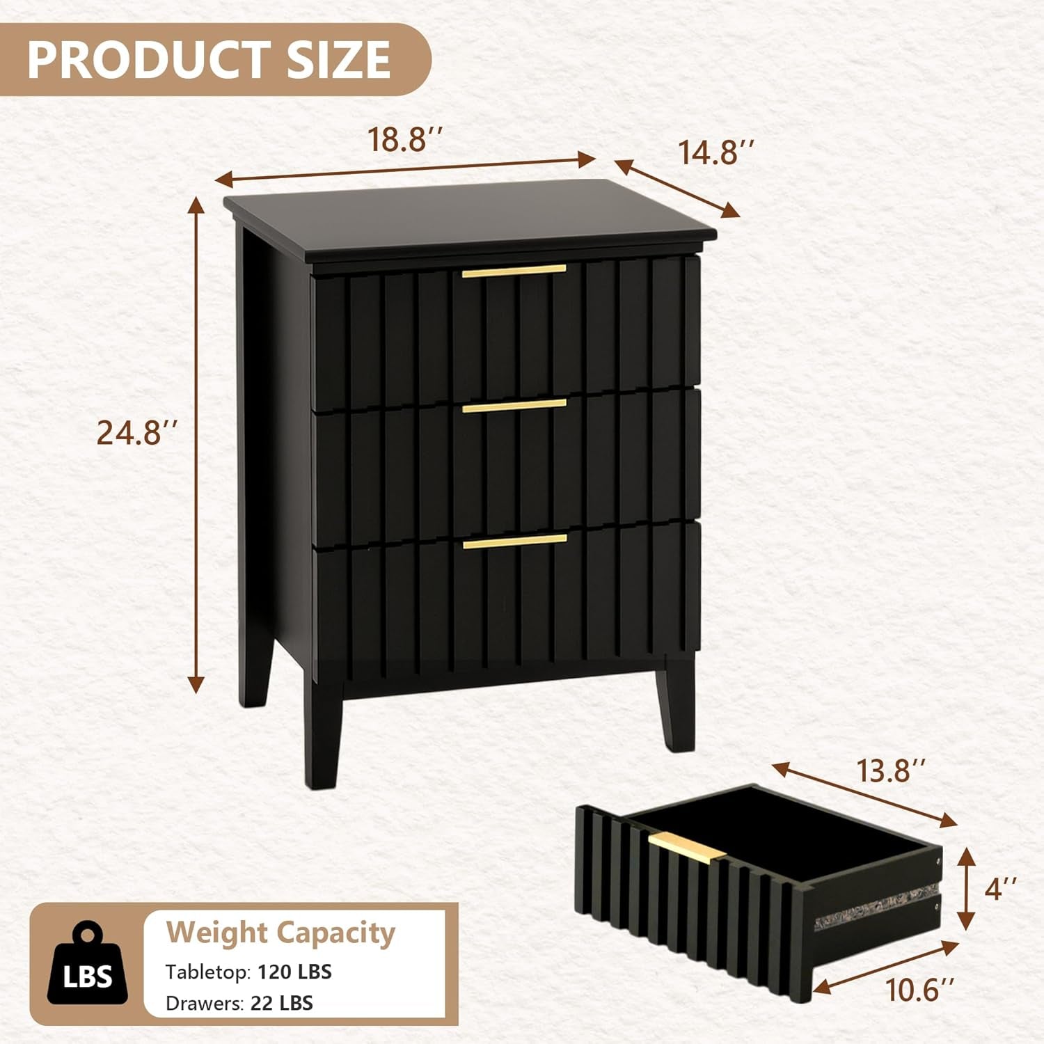 3 Piece Dresser and Nightstand Sets Modern Fluted Bedroom Set with 6 Drawer Dresser & 2 Nightstands,Mdf Wood, Gold Handles, Black Finish, Storage Furniture for Bedroom, Closet, Apartment