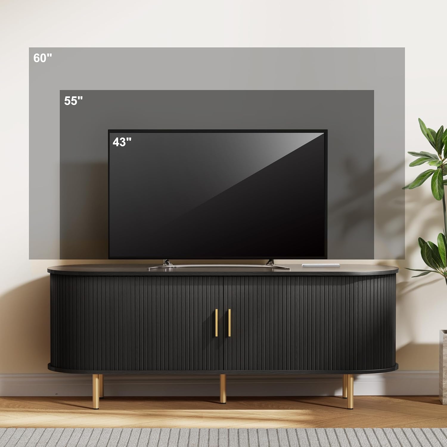 55 Inch Mid Century Modern TV Stand with Power Outlet for Tvs up to 60 Inch, Entertainment Center with Storage and Adjustable Shelves, Media Console with Sliding Doors for Living Room(Black)