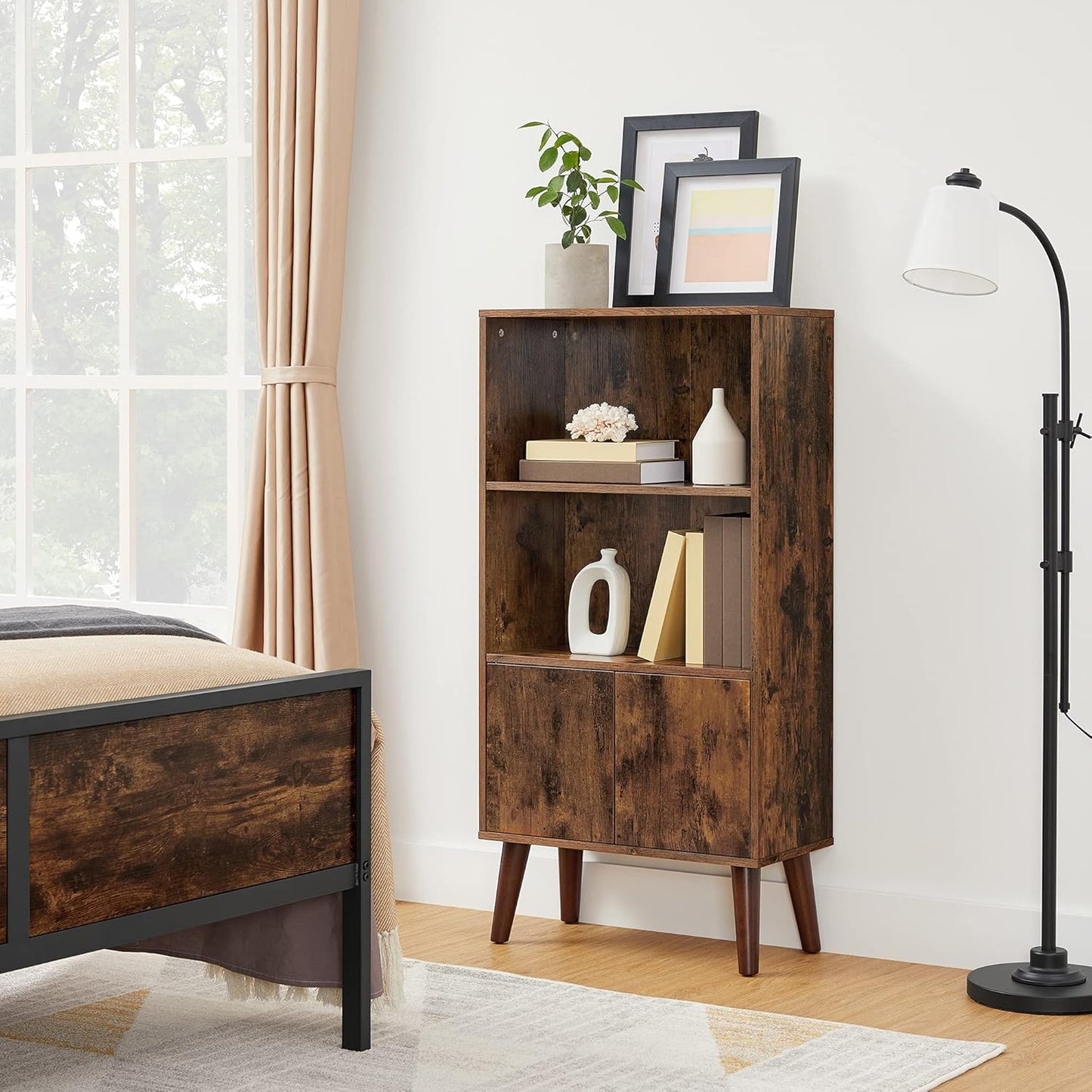 Bookcase, 2-Tier Retro Bookshelf with Doors, Storage Cabinet for Books, Photos, Decorations in Living Room, Office, Study, Mid-Century Style, Rustic Brown ULBC09BX