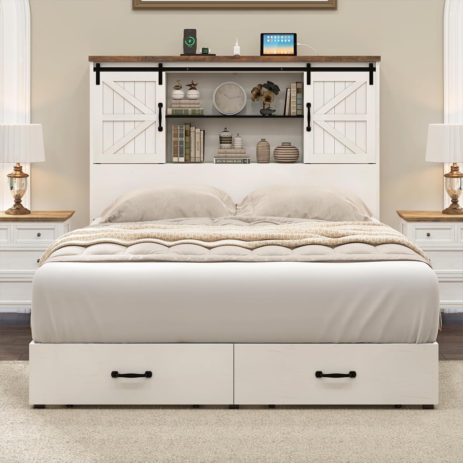 Queen Size Bed Frame with 51.2" Bookcase Headboard, Wood Platform Bed with Sliding Barn Door & Charging Station, Storage Bed with 2 Drawers, Farmhouse/No Box Spring Needed/White
