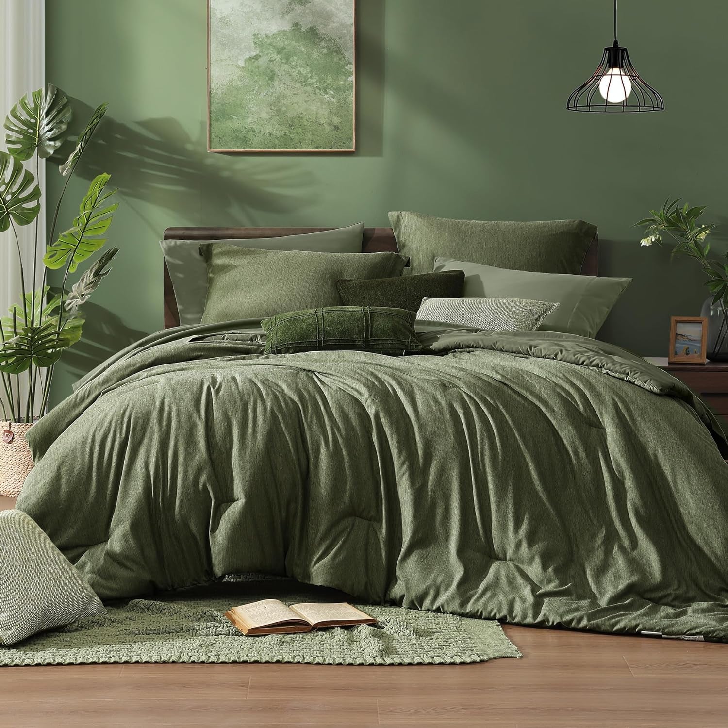 Queen Comforter Set - 7 Pieces Cationic Dyeing Olive Green Bed in a Bag Queen Bedding Sets with Comforter, Sheets, Pillowcases & Shams, Reversible Bedding Comforters Sets