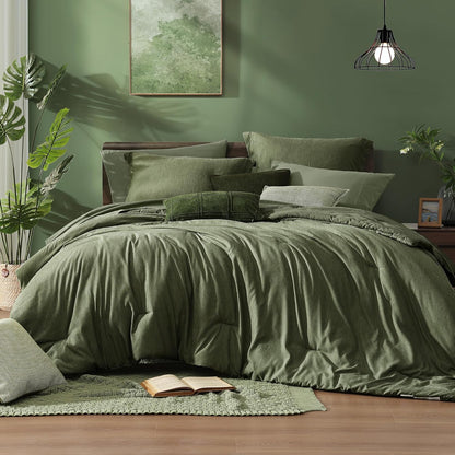 Queen Comforter Set - 7 Pieces Cationic Dyeing Olive Green Bed in a Bag Queen Bedding Sets with Comforter, Sheets, Pillowcases & Shams, Reversible Bedding Comforters Sets