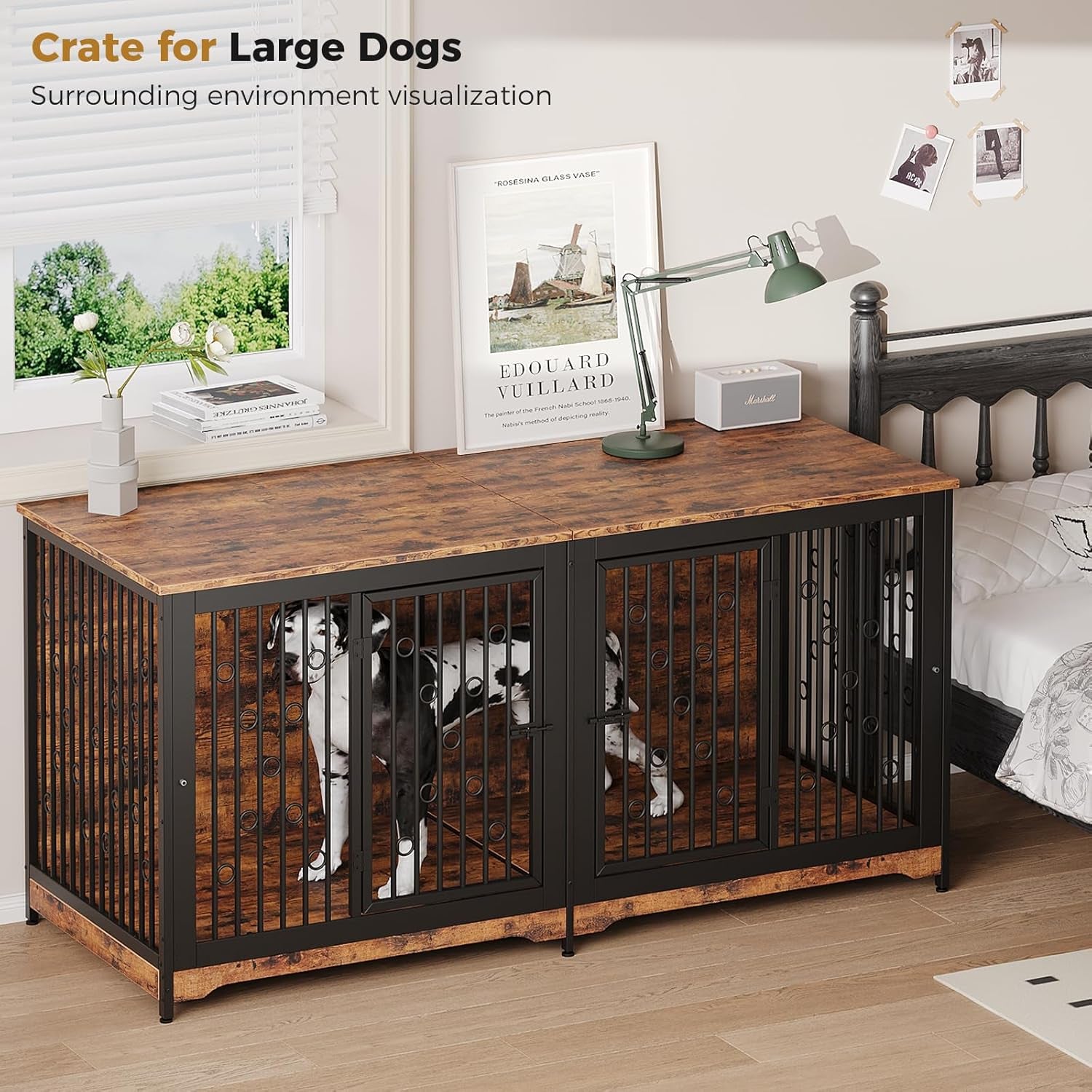 71 Inch Dog Crate Furniture for 2 Dogs with Divider, XXL Wooden Double Dog Cage Furniture TV Stand, Sturdy Indoor Pet Kennel for Medium and Large Breed, Brown