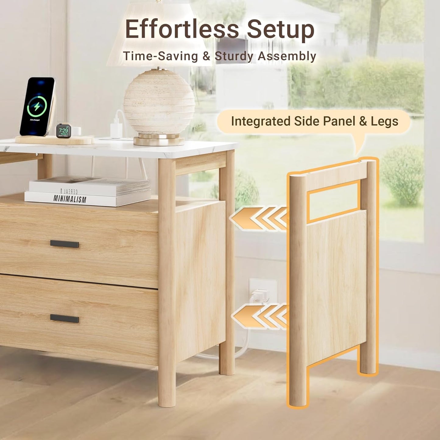 Night Stand Set 2, 20" Wide Nightstands Set of 2, Nightstand with Charging Station & Faux Marble Top, 2 Drawer End Table with Solid round Post Legs, Bedside Table for Bedroom, Natural Oak