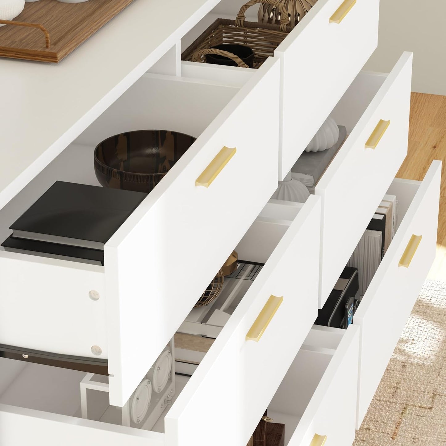 6 Drawer White Dresser, 47.2” Double Dresser with Gold Metal Handles and Legs, Modern Chest of Drawers Wood Storage Cabinet for Bedroom Living Room, 47.2”W X 15.7”D X 30.1”H