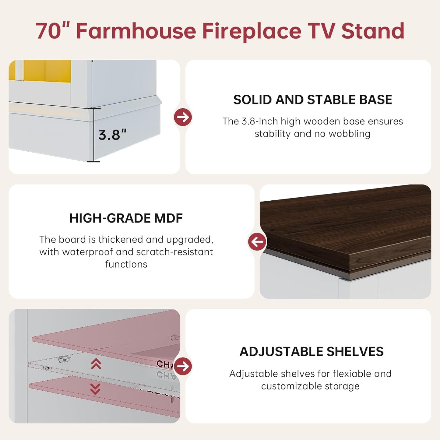 70" Fireplace TV Stand with 3-Sided Glass Fireplace, Modern Wood Entertainment Center with LED Lights and Glass Door, 36" Fire Place TV Stands for Living Room, White