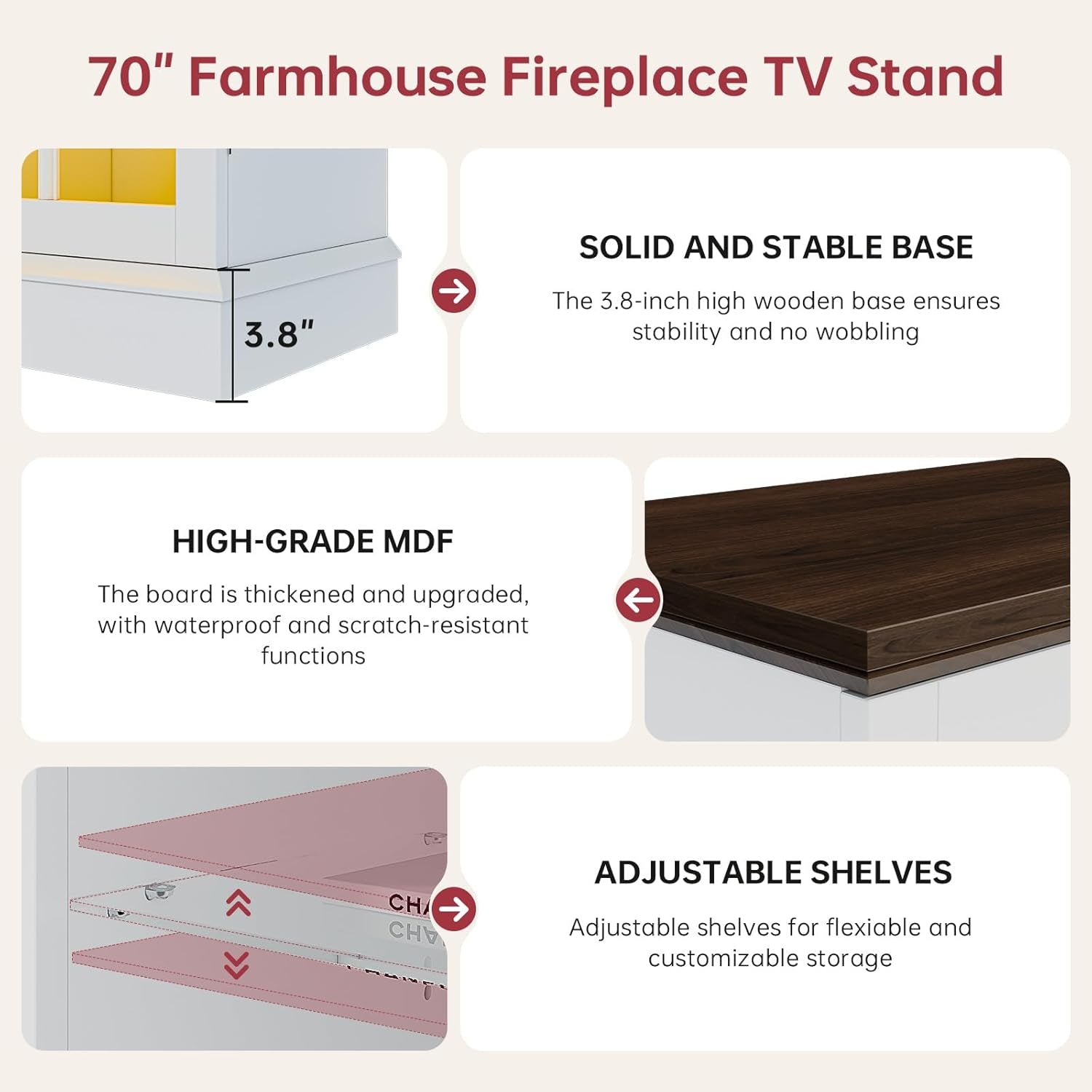 70" Fireplace TV Stand with 3-Sided Glass Fireplace, Modern Wood Entertainment Center with LED Lights and Glass Door, 36" Fire Place TV Stands for Living Room, White