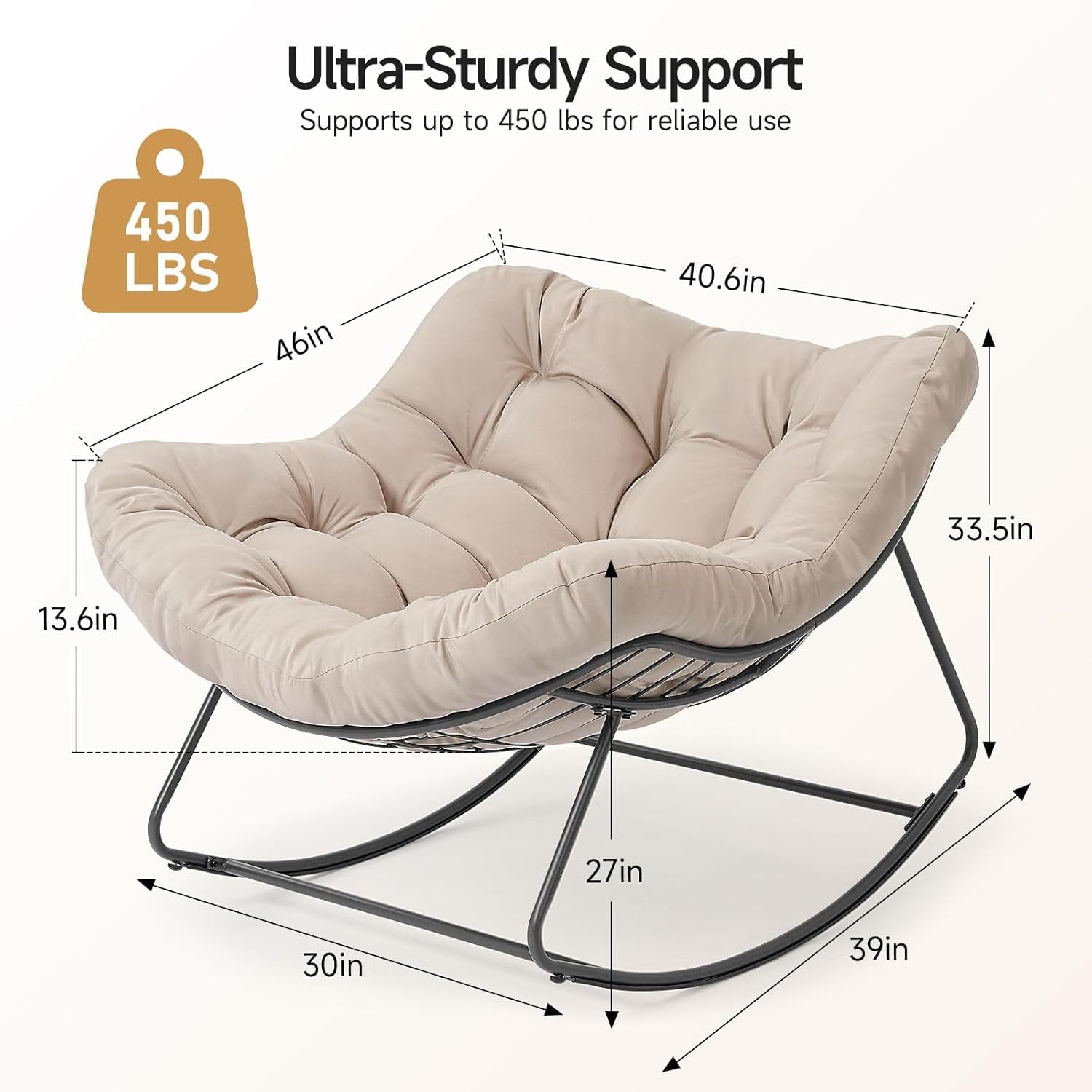 Indoor Rocking Papasan Chair, 450 Lbs Oversized Indoor Egg Comfy Chairs, Rocking Reading Chair with Thickened Cushion, Lounge Cozy Chairs for Bedroom Living Room, Beige