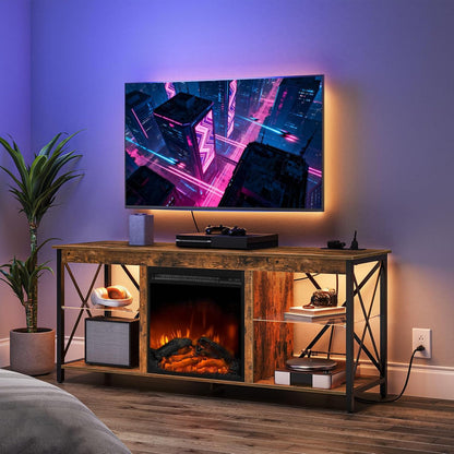 Fireplace TV Stand with Charging Station and LED Lights, TV Stand with Fireplace for Tvs up to 65", Entertainment Center with Fireplace, Glass Shelves, Rustic Brown and Black BF140UDDS01