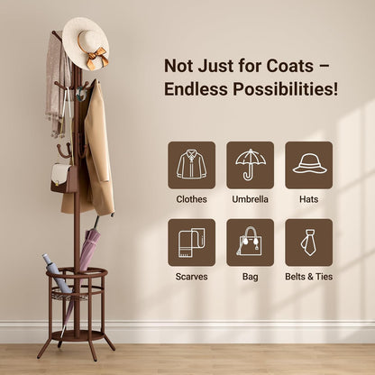Coat Rack Freestanding, Metal Coat Rack Stand with Umbrella Holder, Modern Coat Tree with 12 Hooks, Floor Standing Corner Hall Tree for Entryway Living Room Bedroom Office, Brown