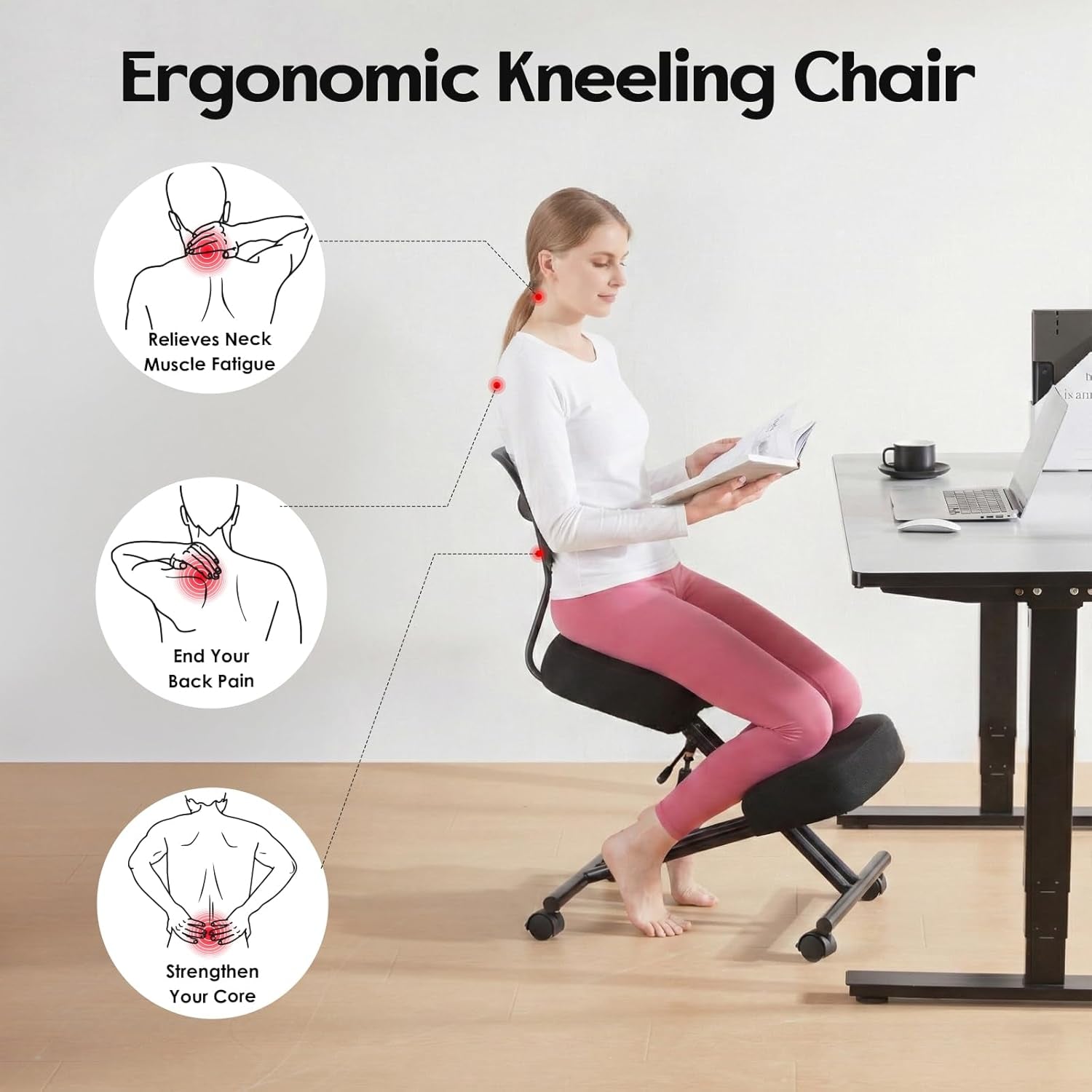 Kneeling Chairs with Backrest Linen Ergonomic Home Office Chair Adjustable Height Seat Rolling Wheels Comfort Thick Cushion Work Stool Improve Posture Chair