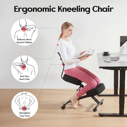 Kneeling Chairs with Backrest Linen Ergonomic Home Office Chair Adjustable Height Seat Rolling Wheels Comfort Thick Cushion Work Stool Improve Posture Chair
