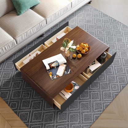 Modern Coffee Table for Living Room, 51 Inch Square Coffee Table with Storage, 4-Drawers Wood Table, Full-Assembled, Walnut and Black