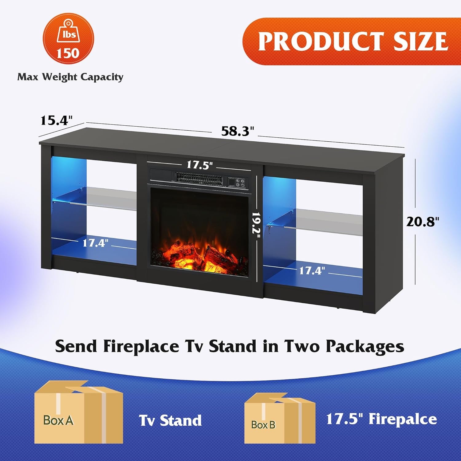 Fireplace TV Stand for up to 65 Inch Tvs, Modern LED Entertainment Center with Electric Fireplace Heater & Adjustable Glass Shelves, Sturdy Media Console for Living Room, Bedroom,Gaming (Black)