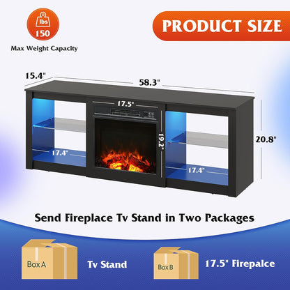 Fireplace TV Stand for up to 65 Inch Tvs, Modern LED Entertainment Center with Electric Fireplace Heater & Adjustable Glass Shelves, Sturdy Media Console for Living Room, Bedroom,Gaming (Black)