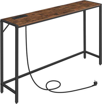Console Table, Narrow Sofa Table, 43.3” Entrance Table with Power Station, behind Couch Table, Simple Style, for Living Room, Hallway, Entryway, Foyer, Rustic Brown and Black CTHR112E01
