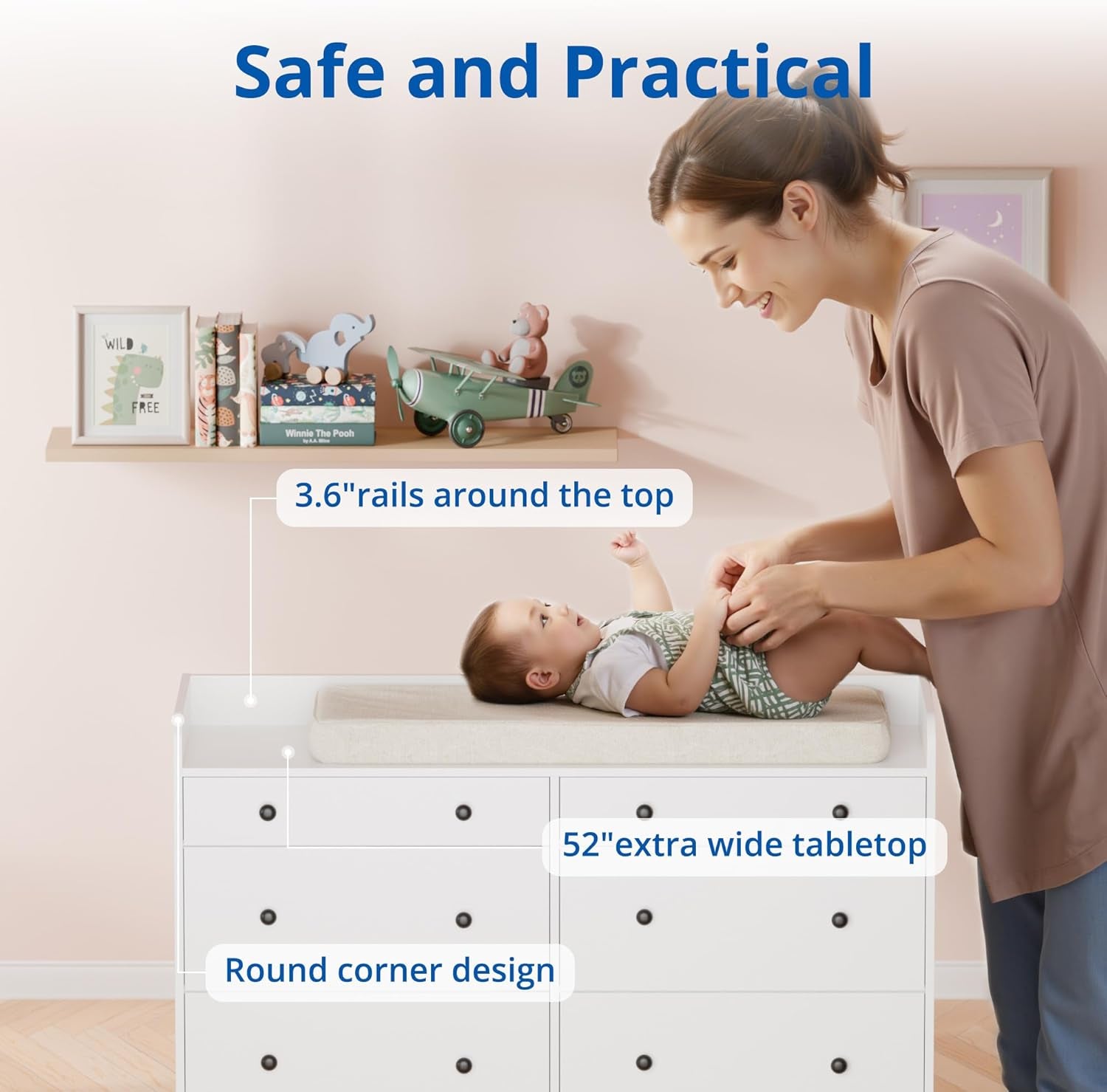 Baby Dresser with 6 Drawers and Large Table Top, Multi-Functional Chest of Drawer, Drawer Dresser with Three-Sided High Rails for Nursery, Children'S Room, Bedroom, White