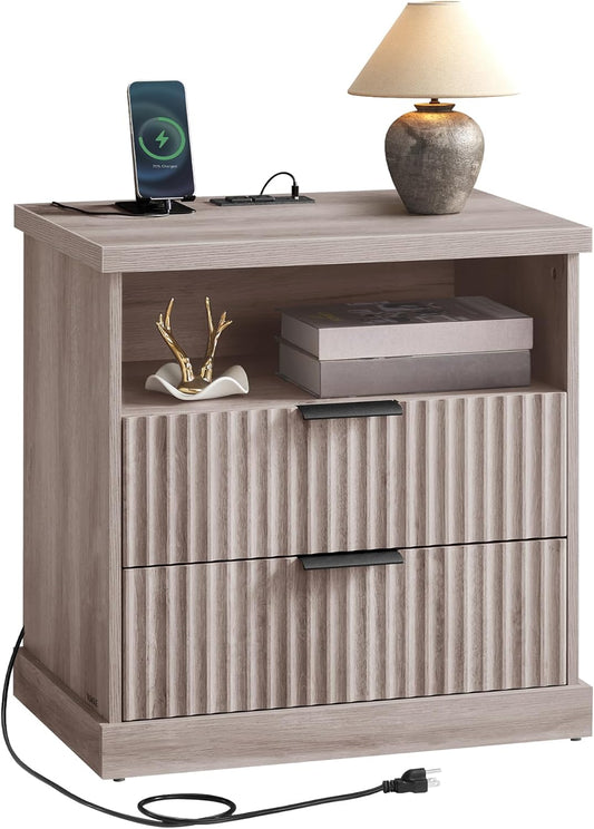MAXE Collection - Nightstand with Charging Station, Bedside Table, Side End Table with 2 Drawers, Open Shelf, 2 AC Outlets, 2 USB Ports, Transitional, for Bedroom, Washed Gray ULET626G01S