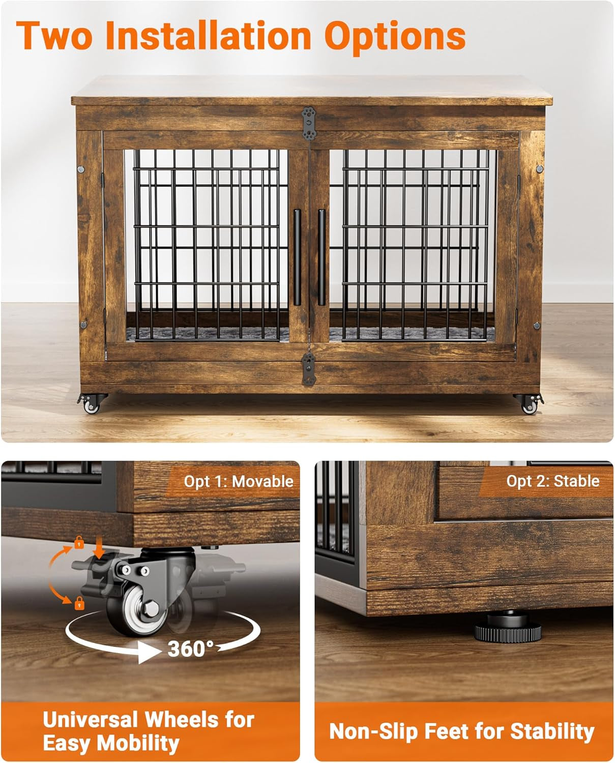 Dog Crate Furniture with Cushion Set of 2, Large Wooden Dog Kennel Indoor with Double Doors, Dog Cage with Wheels, Dog House Side End Table for Large Medium Dogs up to 70 Lb, 38.5” L, Rustic Brown