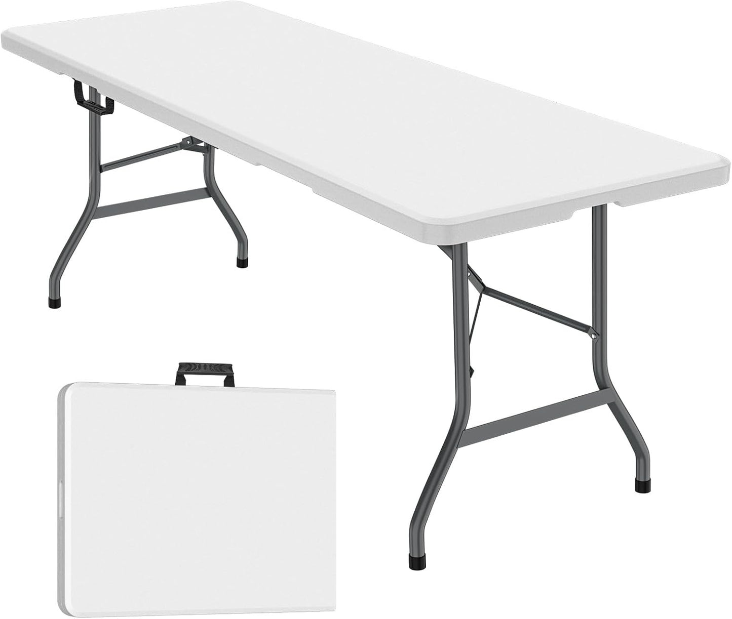 6Ft Folding Table, Foldable HDPE Dining Table for Picnic, Camping, Party, Display with Carrying Handle - White