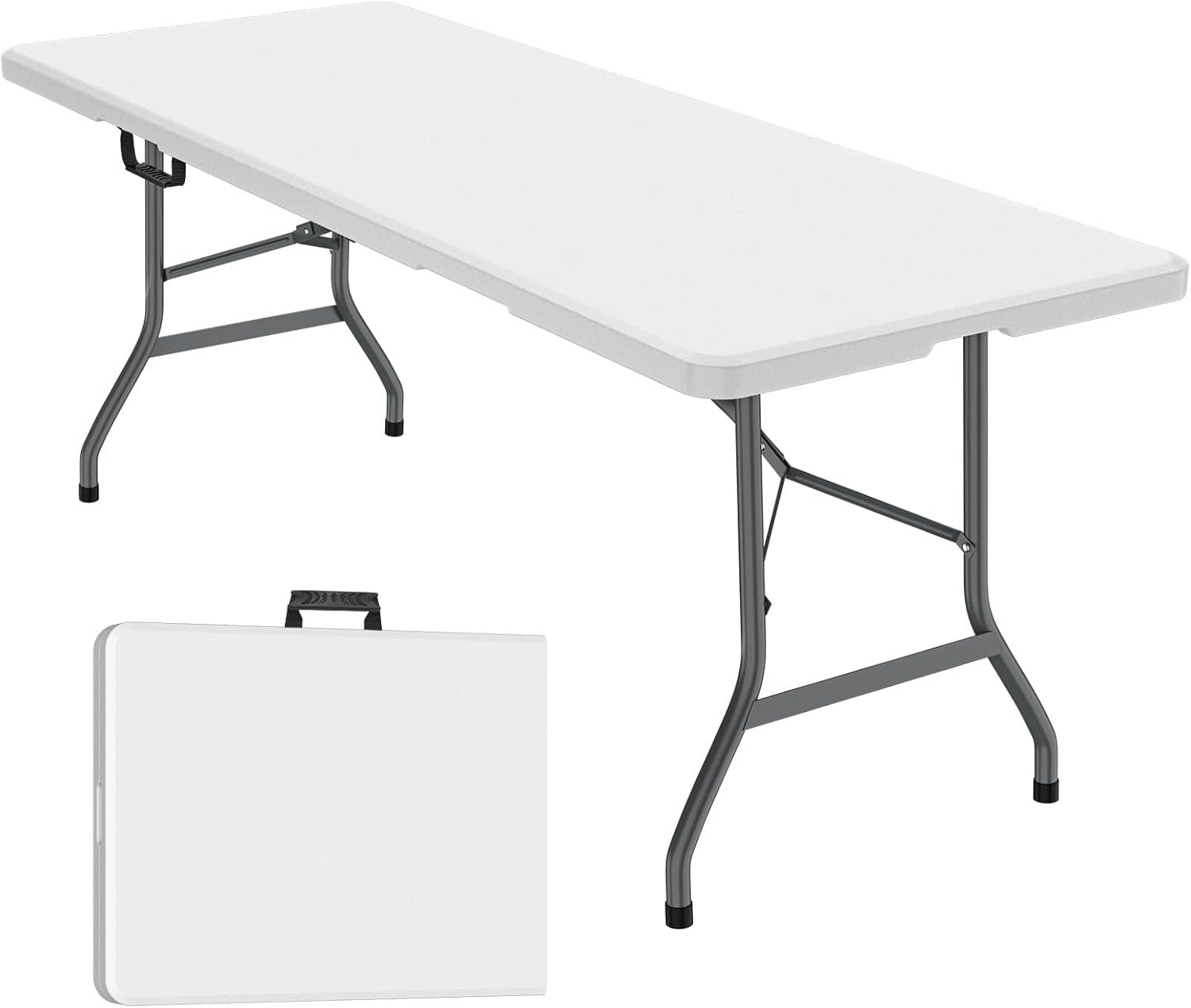 6Ft Folding Table, Foldable HDPE Dining Table for Picnic, Camping, Party, Display with Carrying Handle - White