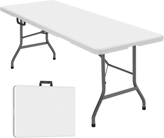 6Ft Folding Table, Foldable HDPE Dining Table for Picnic, Camping, Party, Display with Carrying Handle - White