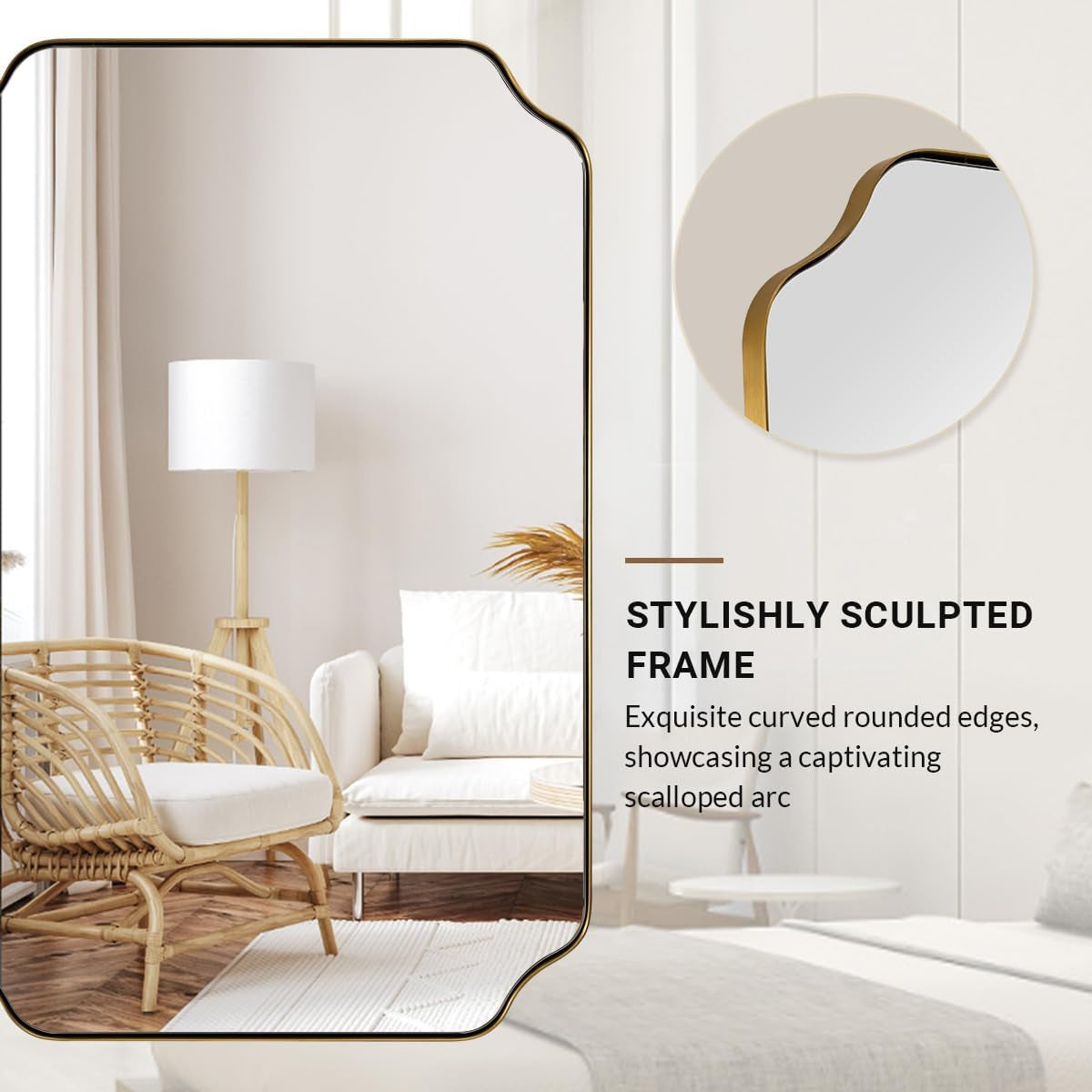 30"X40" Gold Bathroom Mirror, Large Scalloped Wall Mirror, Brushed Brass Mirror in Anti-Rust Stainless Steel Metal, Unique Rectangle Shape Decorative for Bathroom, Living Room, Entryway