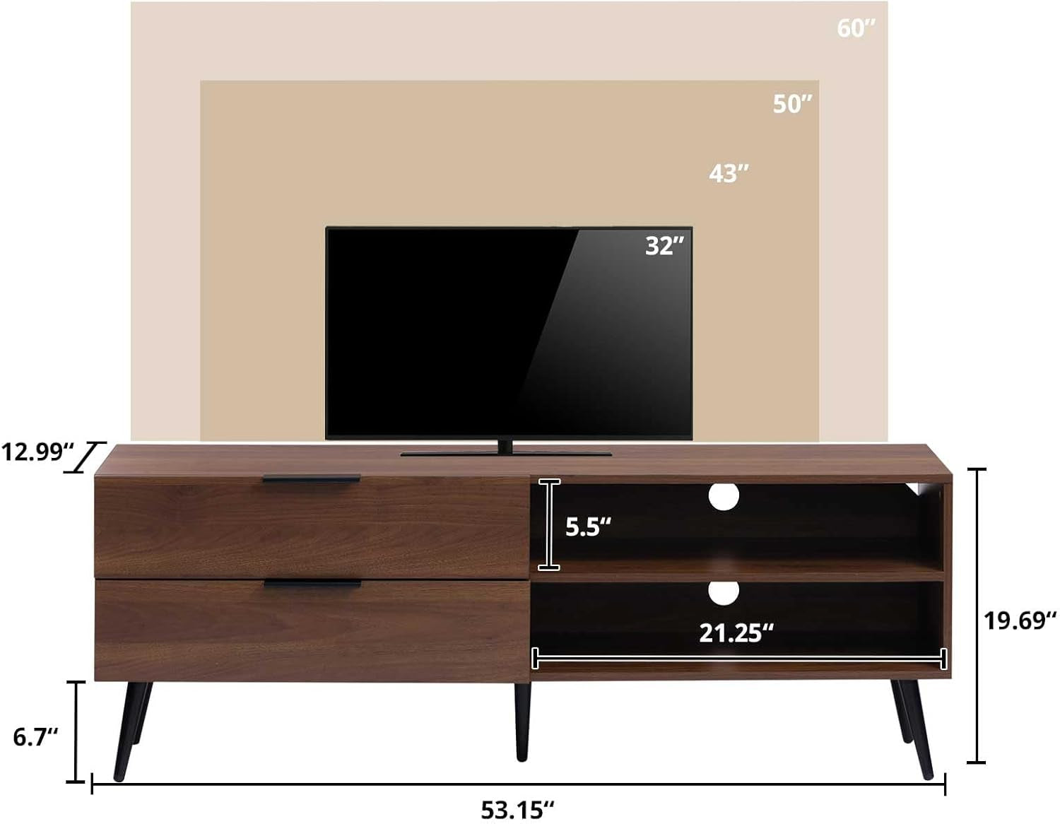 Wood TV Stand for Tvs up to 65", Mid Century TV Stand with Storage, Modern Entertainment Center with 2 Drawers, Accent TV Media Console Table for Living Room, 53"(L), Retro Brown