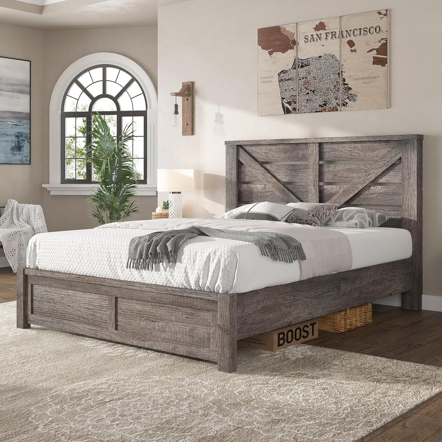 Queen Size Farmhouse Bed Frame with 49.2" Barn Door Headboard, Platform Bed Frame with Wood Slats, under Bed Storage Space, Easy Assembly, Noisy Free, Rustic Gray