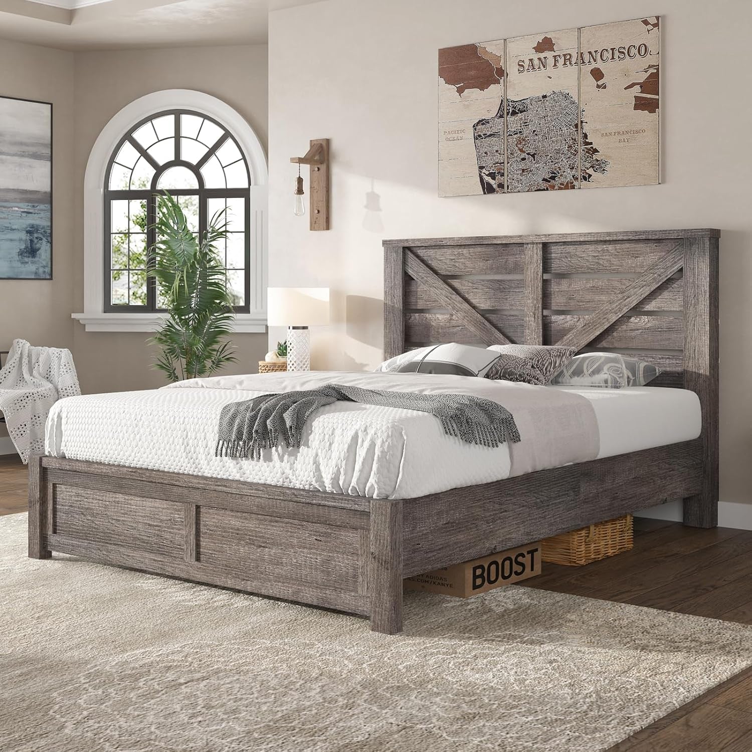 Queen Size Farmhouse Bed Frame with 49.2" Barn Door Headboard, Platform Bed Frame with Wood Slats, under Bed Storage Space, Easy Assembly, Noisy Free, Rustic Gray