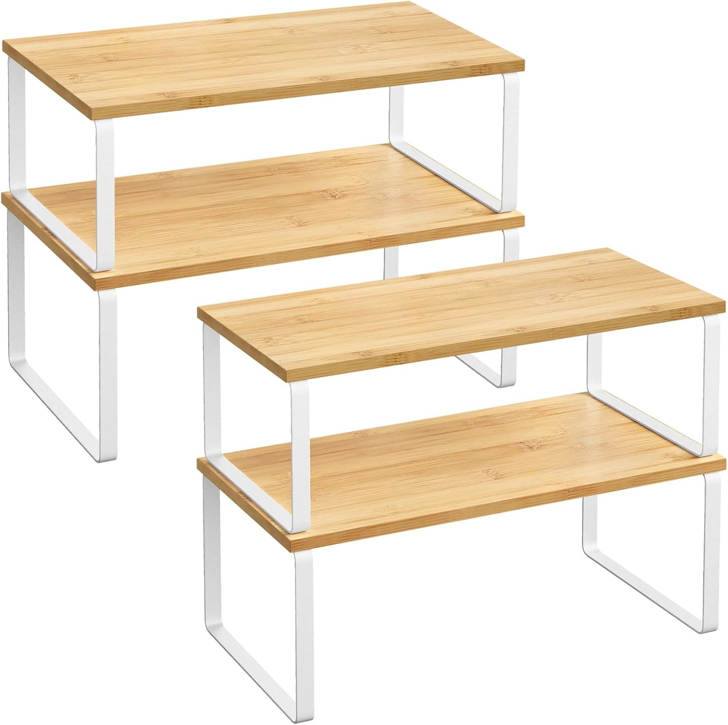 Cabinet Organizer Shelf, Set of 4 Kitchen Counter Shelves, Kitchen Storage, Spice Rack, Stackable, Expandable, Metal and Engineered Wood, Cloud White and Natural Beige UKCS010N01