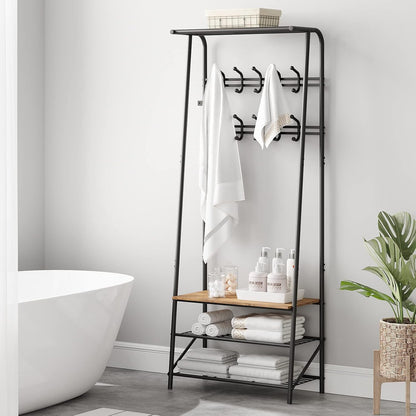 Coat Rack Shoe Bench with 8 Hooks, Hall Trees Entryway Bench with Storage, Multifunctional Hallway Organizer, Wood Look Accent Furniture with Metal Frame for Entryway, Living Room, Bedroom