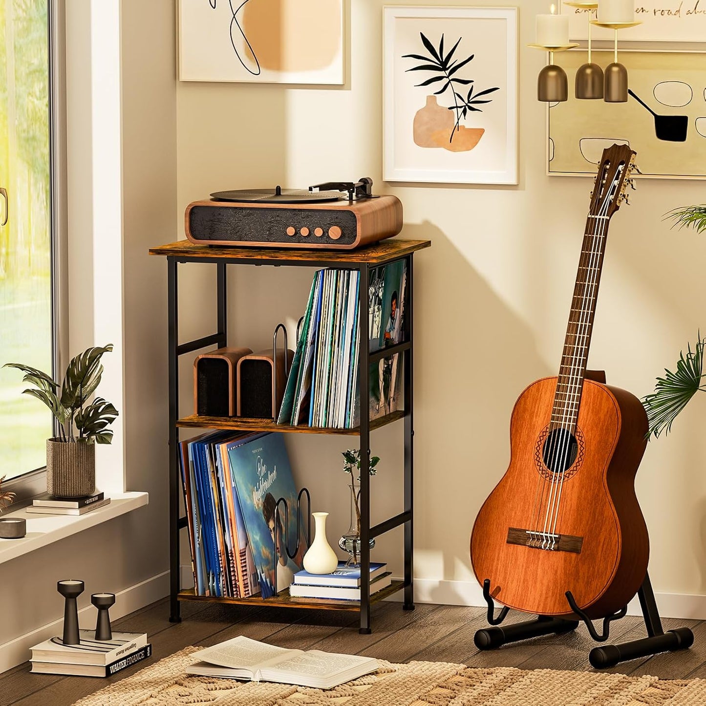Vinyl Record Player Stand for 200 Albums - Solid Wood Turntable Table with Extended Desktop, Space-Saving LP Holder Cabinet for Living Room, Bedroom & Home Office