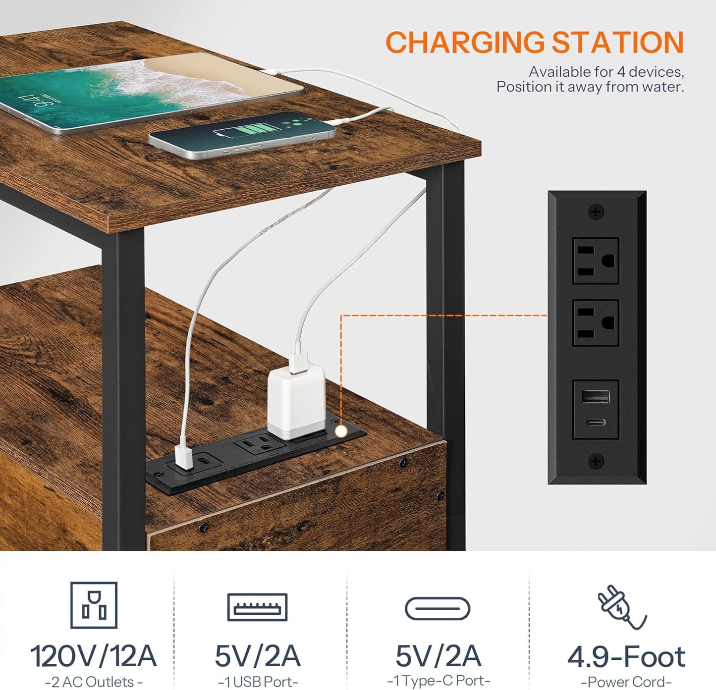 End Table with Charging Station, Narrow Side Table with 2 Drawer & USB Ports & Power Outlets, Nightstand for Small Spaces, for Living Room, Bedroom, Rustic Brown and Black BF541BZ01