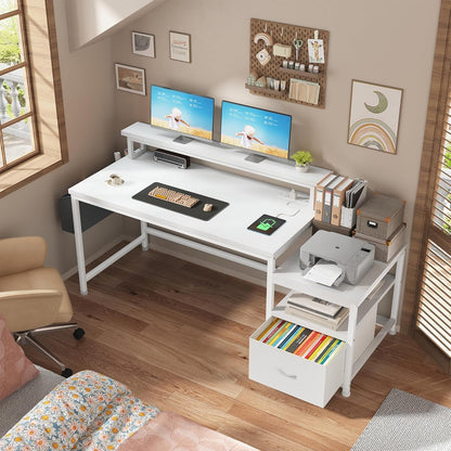 57" Computer Desk with Drawers and Printer Space,Office Desk with Power Outlets,Home Office Desks with File Drawers Cabinet,Study Writing and Gaming Desk with Shelves Monitor Stand,Black
